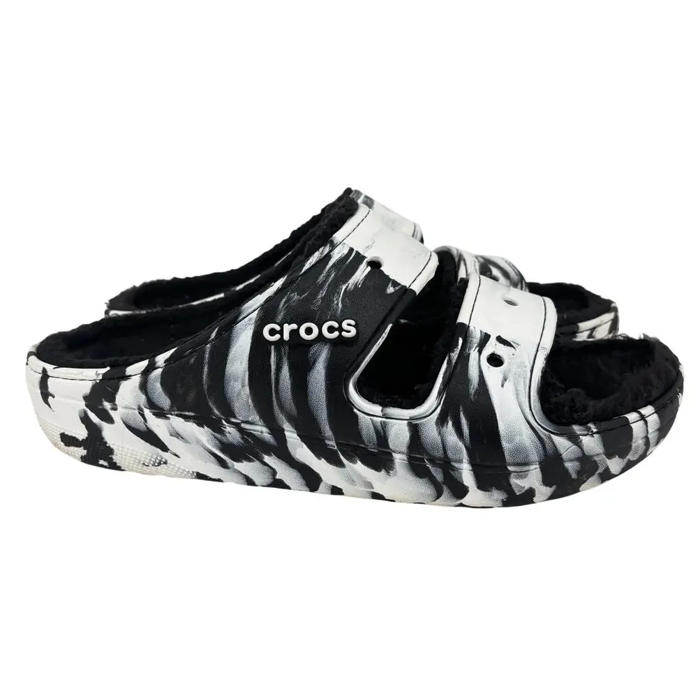 Crocs Classic Cozzzy Sandals Mens Size 14 Faux Fur Lined Black‎ White Marbled